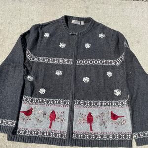 Croft & Barrow Christmas Sweater XL Cardinal Birds Holiday Zip Up